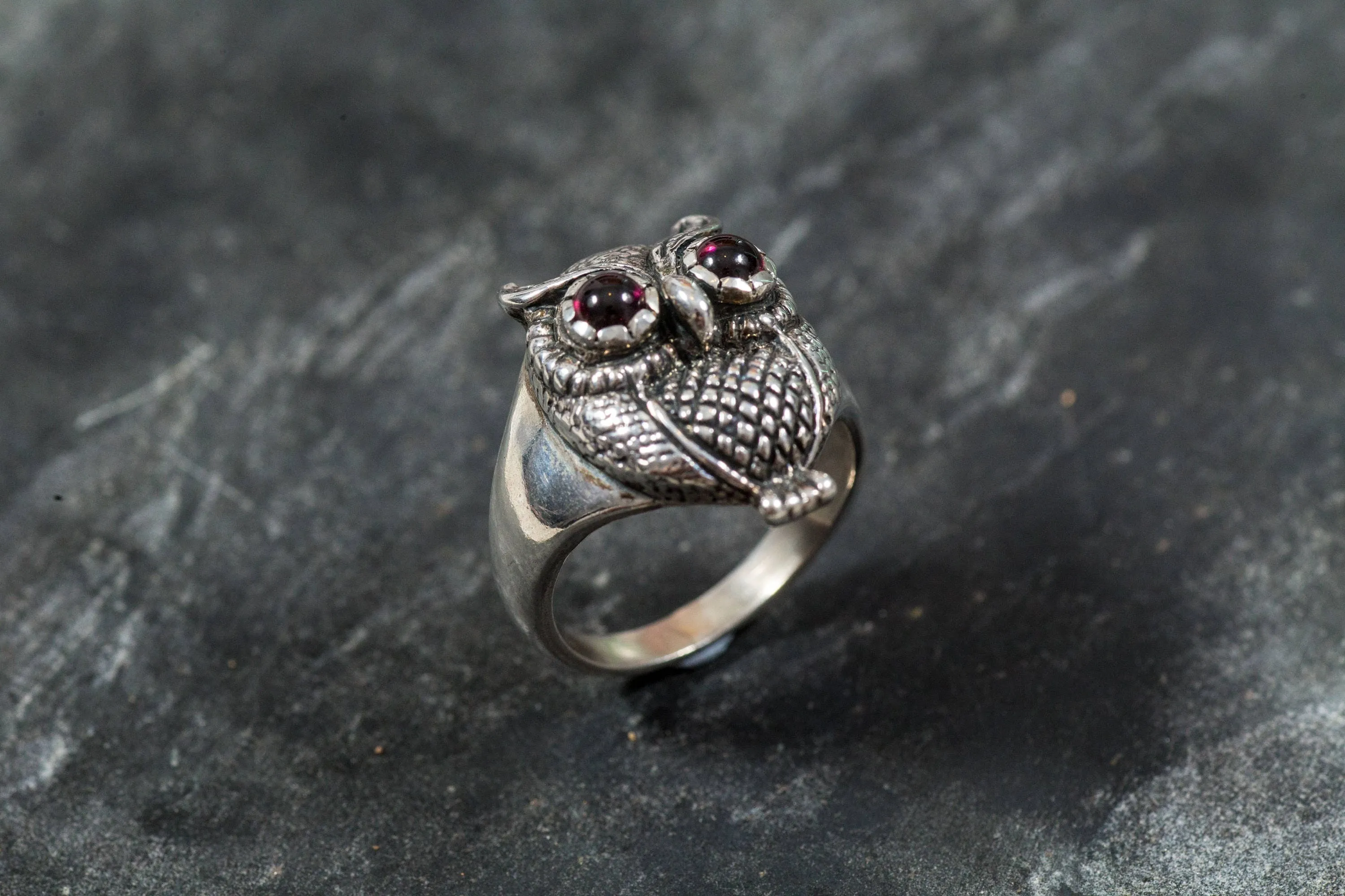 Silver Owl Ring - Natural Garnet Ring - Statement Owl Ring