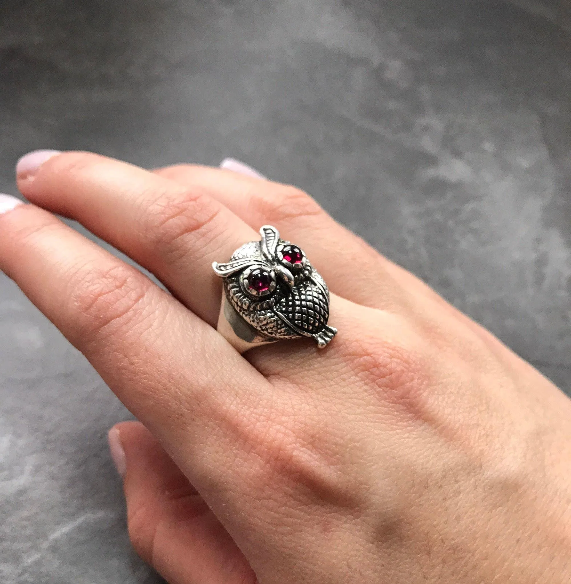 Silver Owl Ring - Natural Garnet Ring - Statement Owl Ring