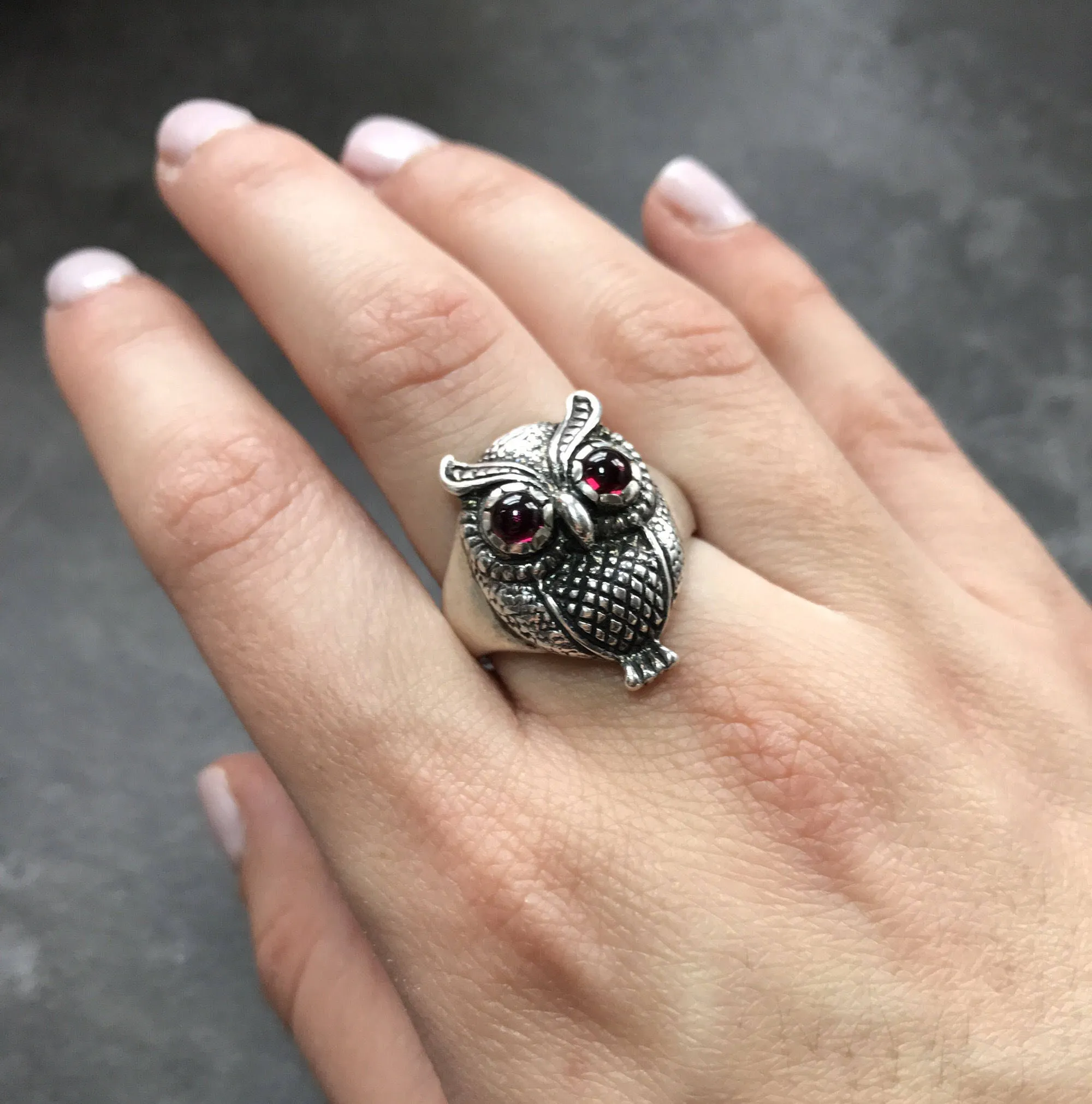 Silver Owl Ring - Natural Garnet Ring - Statement Owl Ring