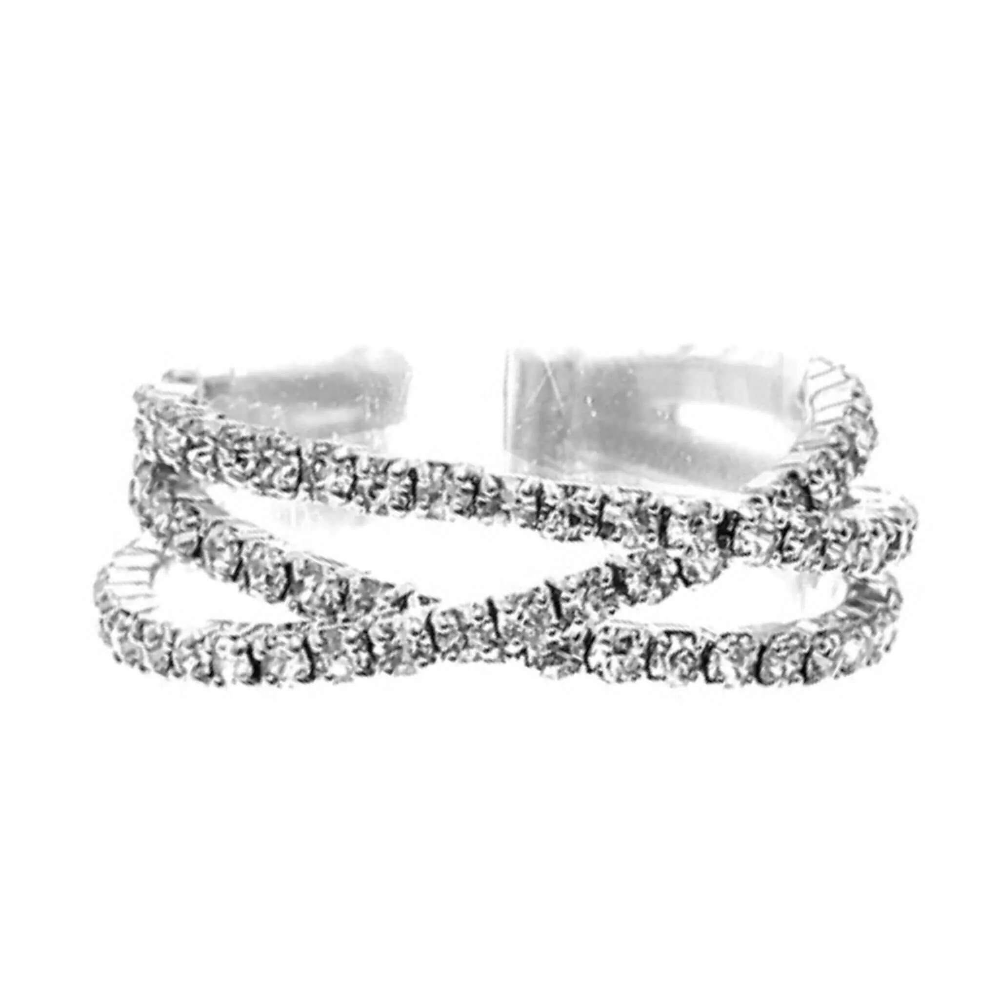 Silver Rhinestone Crossover Cuff Style Stretch Ring