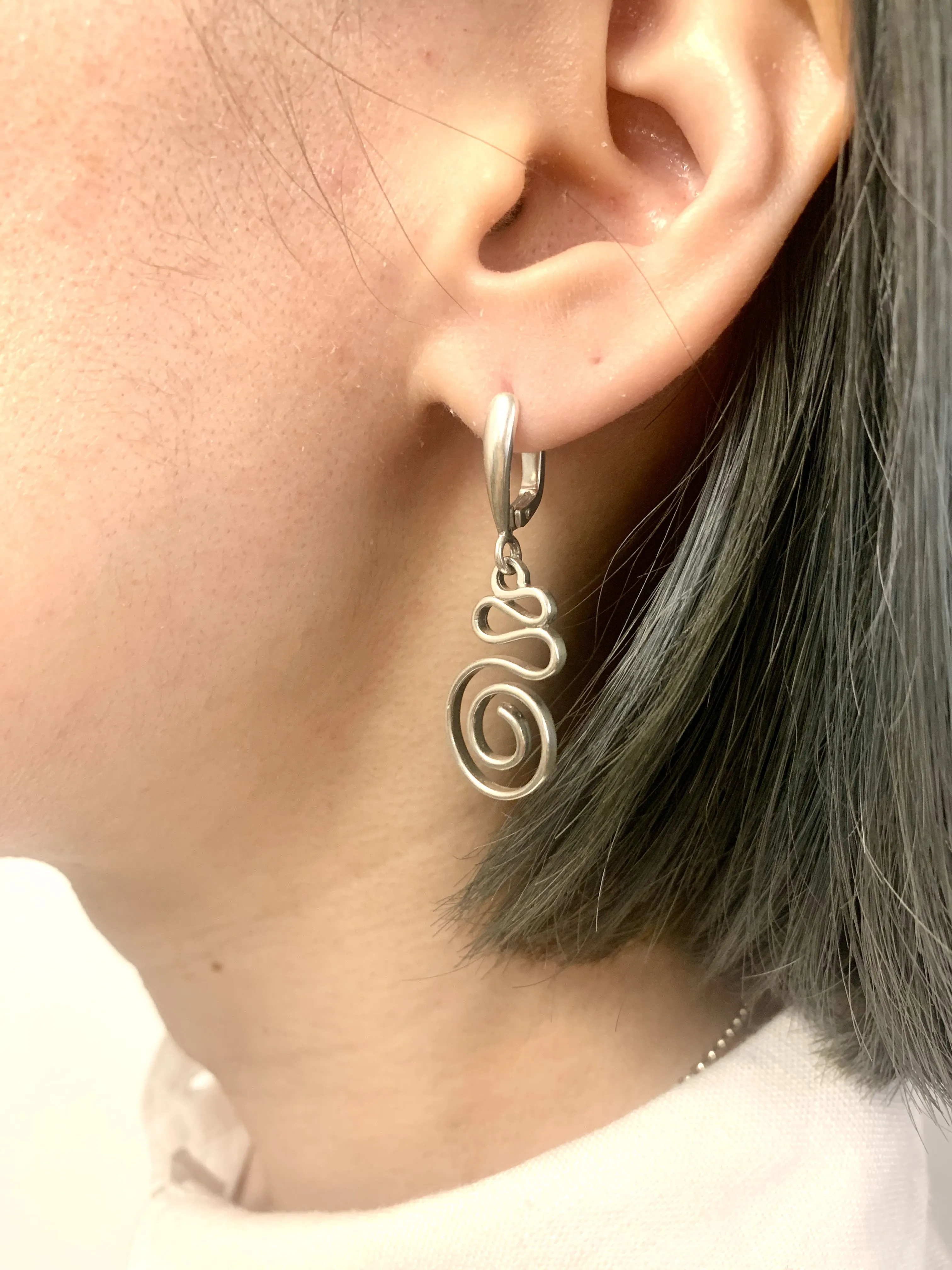 Silver Swirl Earrings - Long Dangling Earrings - Silver Spiral Earrings