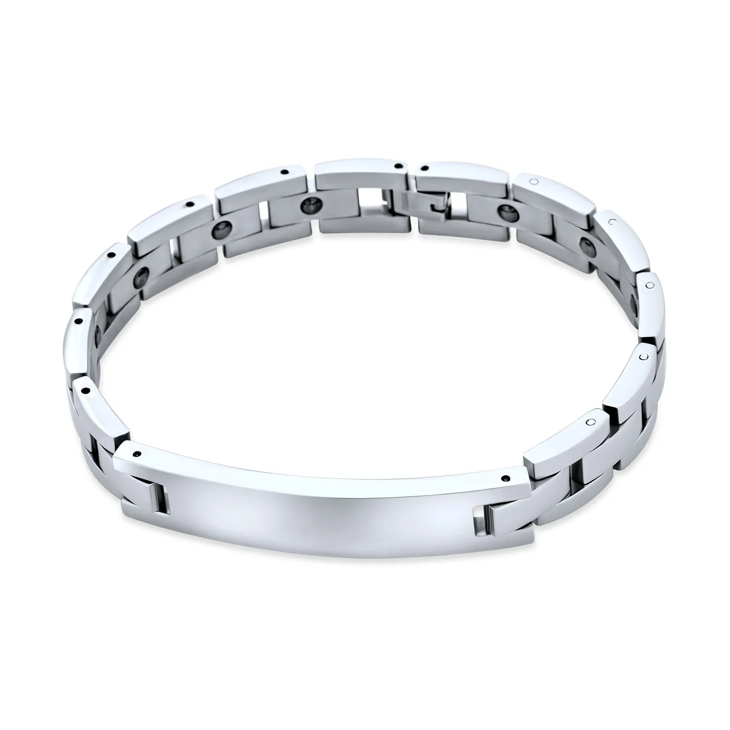 Silver Tone Stainless Steel ID Bracelet for Men with Name Tag Curb Style 8.5 Inch