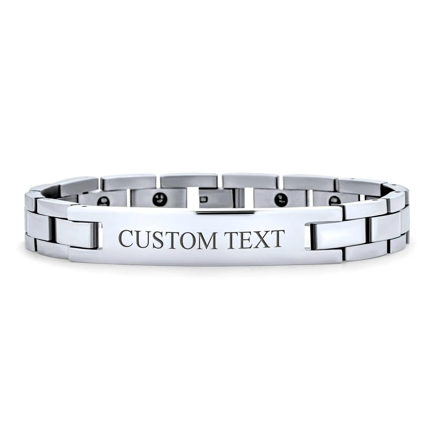 Silver Tone Stainless Steel ID Bracelet for Men with Name Tag Curb Style 8.5 Inch