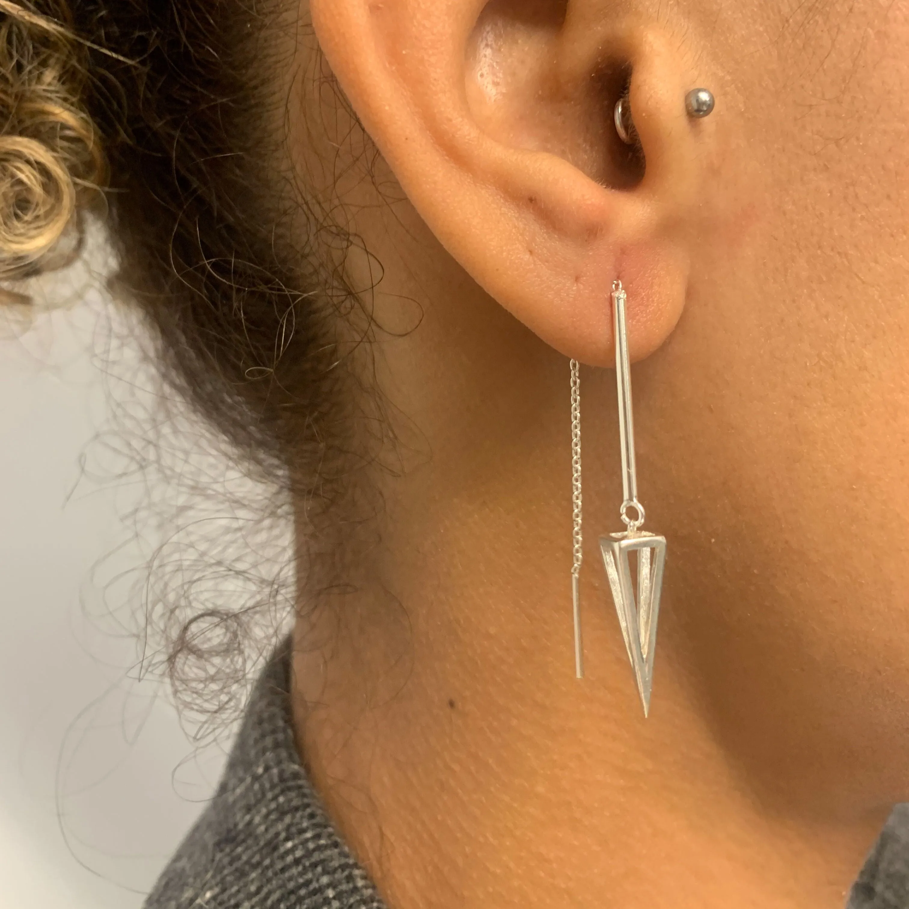 Spike Threader Earrings - Long Spear Earrings - Silver Pyramid Earrings