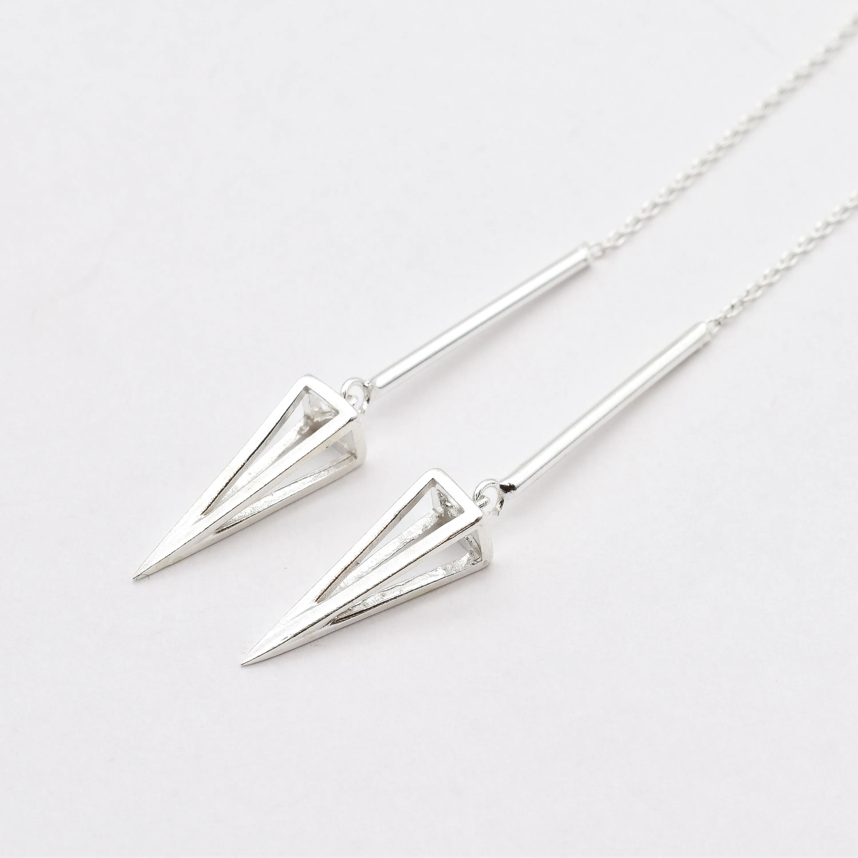 Spike Threader Earrings - Long Spear Earrings - Silver Pyramid Earrings