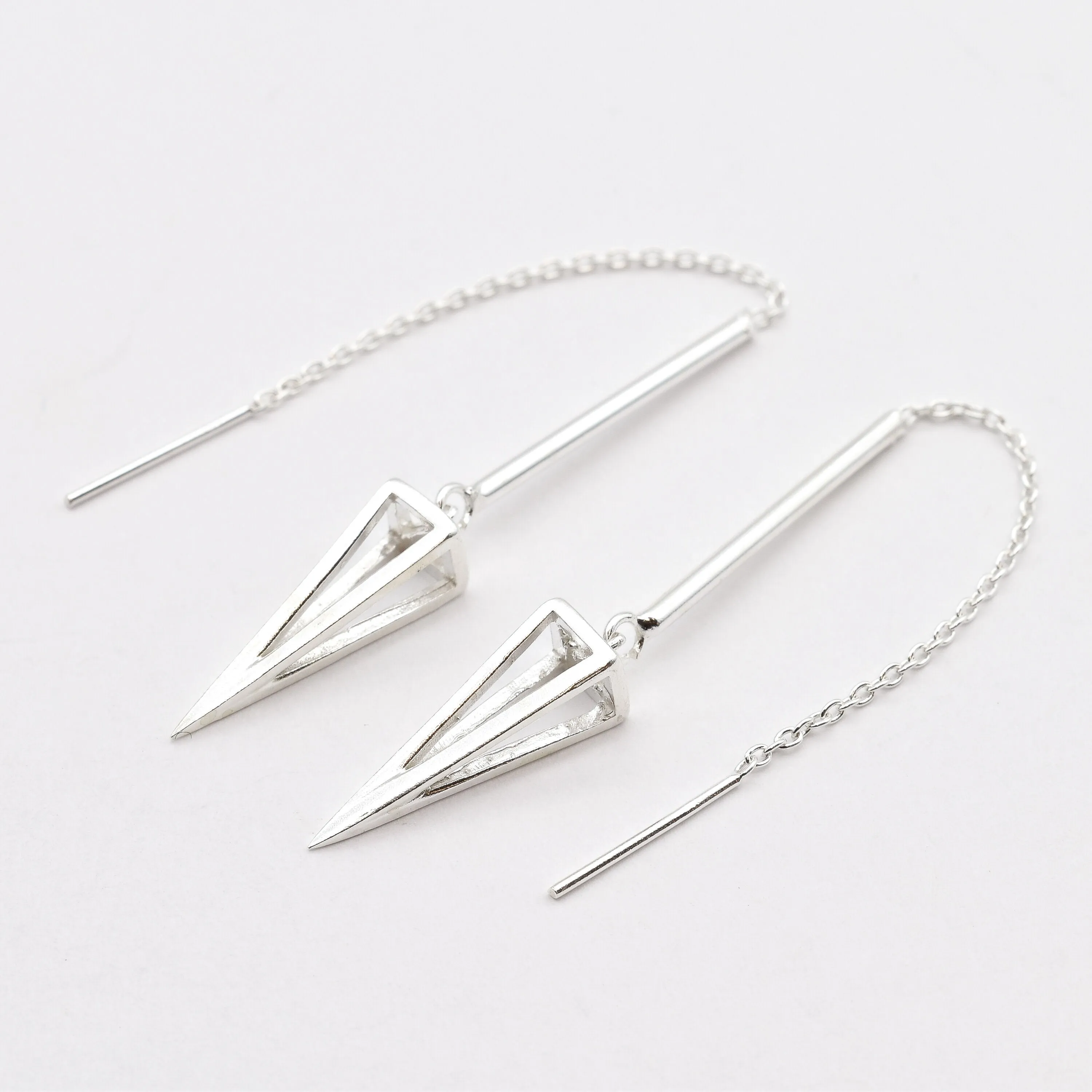 Spike Threader Earrings - Long Spear Earrings - Silver Pyramid Earrings