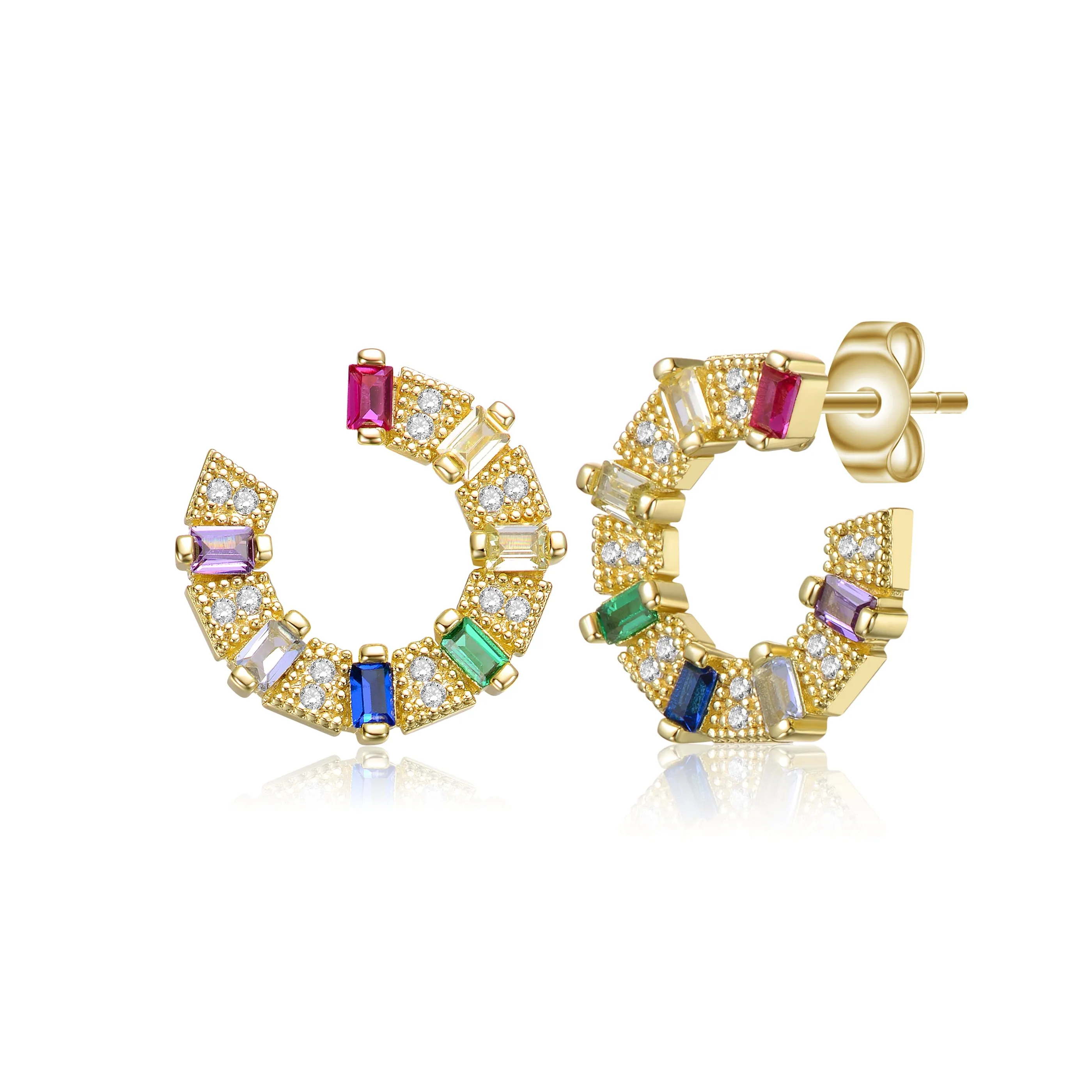 Sterling Silver 14k Gold Plated Rainbow & White Cubic Zirconia Front-Facing C-Hoop Earrings