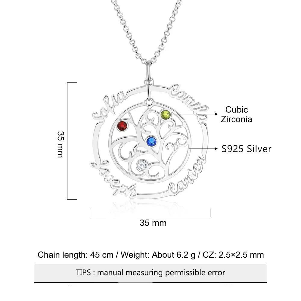 Sterling Silver Personalized Family Tree Necklace with 4 Birthstones Custom Name Pendant Jewelry Mothes Day Gifts