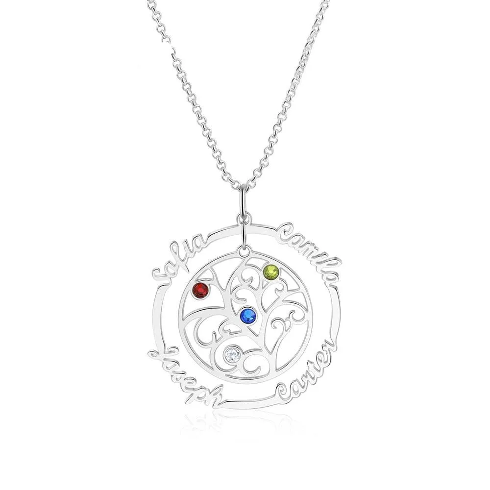 Sterling Silver Personalized Family Tree Necklace with 4 Birthstones Custom Name Pendant Jewelry Mothes Day Gifts