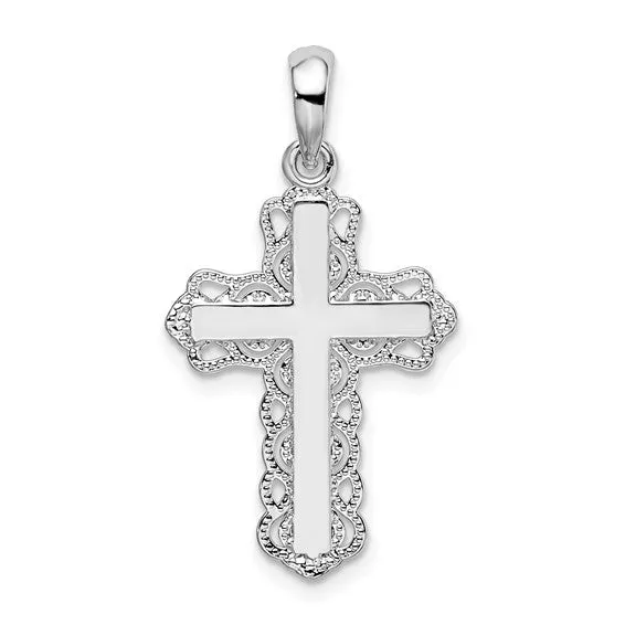 Sterling Silver Polished Lace-edge Cross Pendant