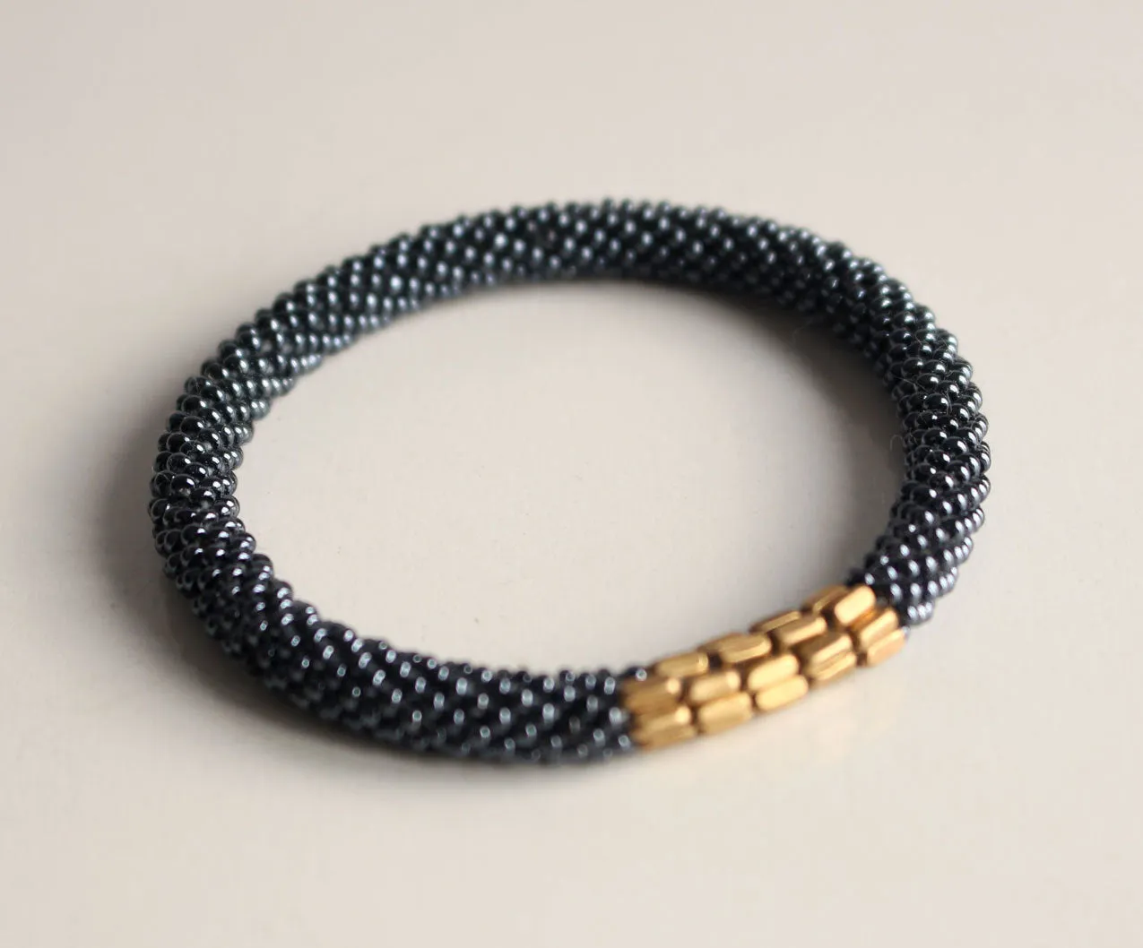 Stylish Golden Metal Crocheted Beads Roll On Bracelet