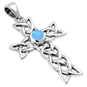 Synthetic Blue Opal Cross Celtic Knot Silver Pendant