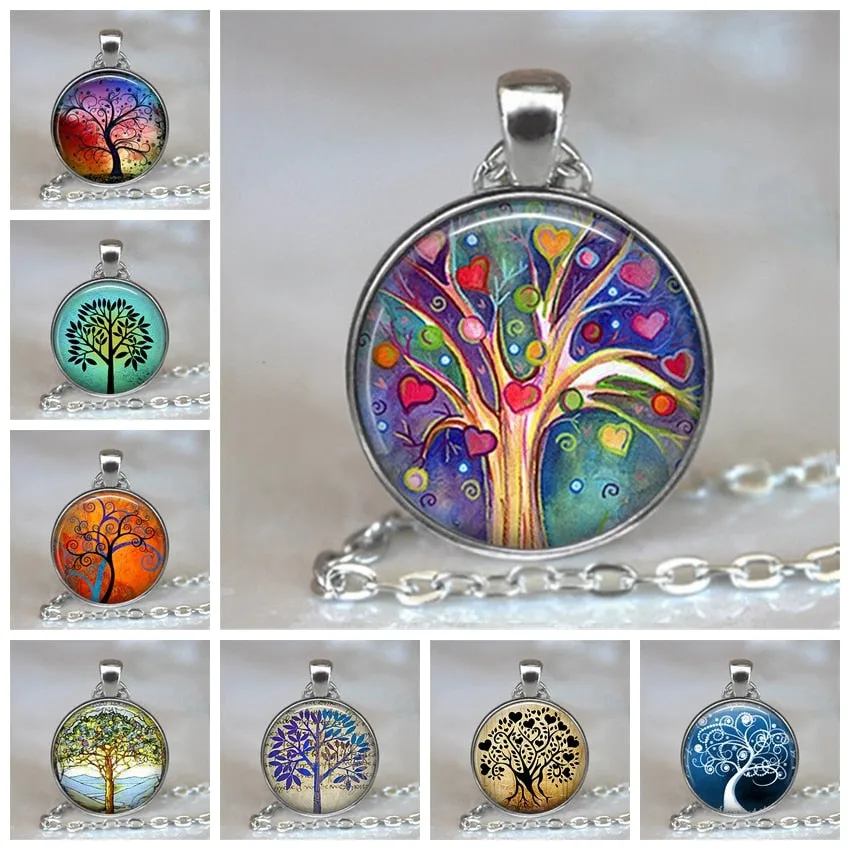 Tree Of Life Glass Cabochon Statement Necklace & Pendant Jewelry