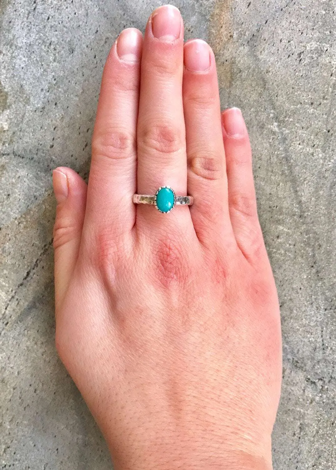 Turquoise Ring - Blue Solitaire Ring - Vintage Hammered Band