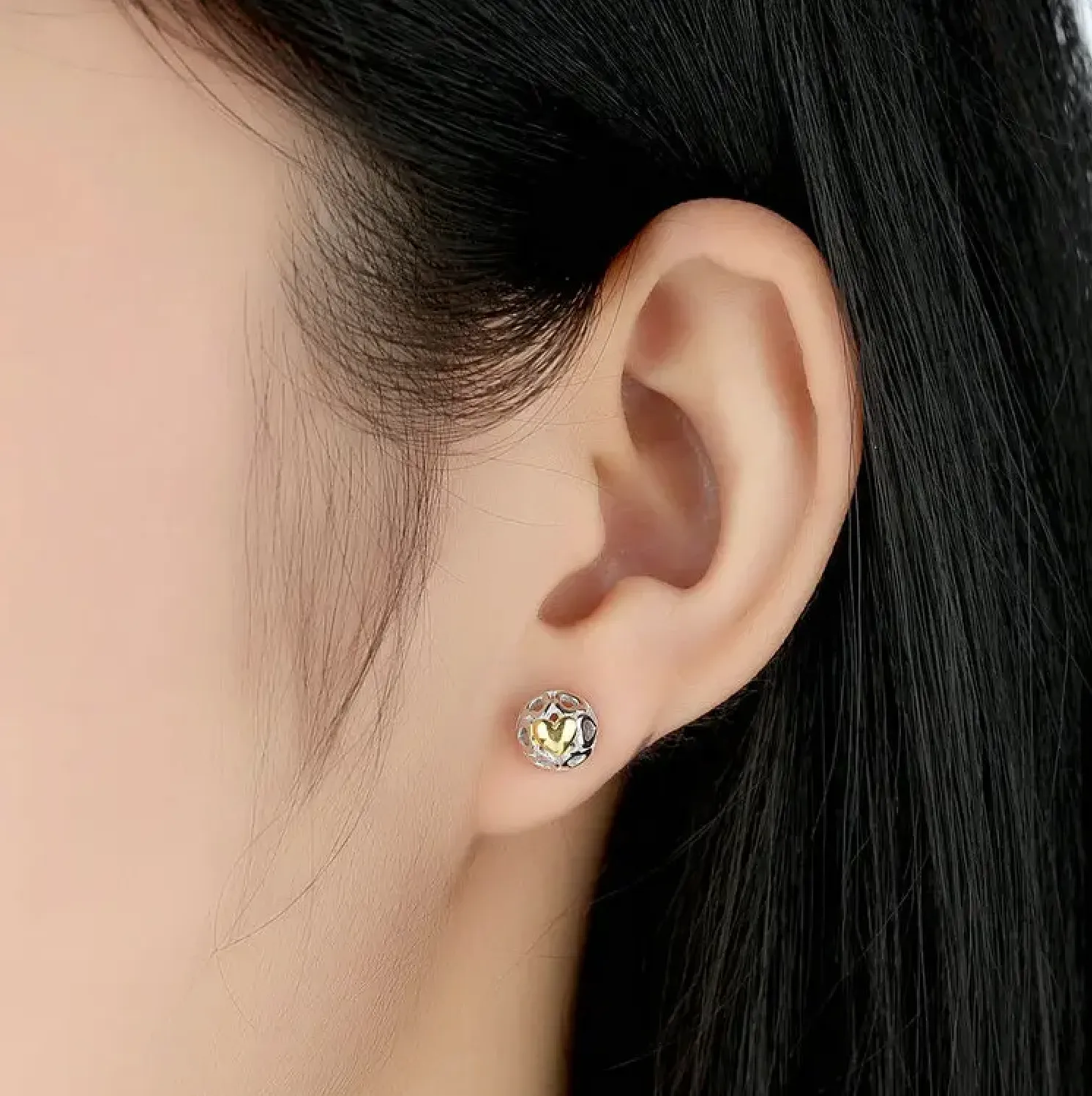 Two-Tone Sterling Silver Gold Plated Heart Half Dome Stud Earrings