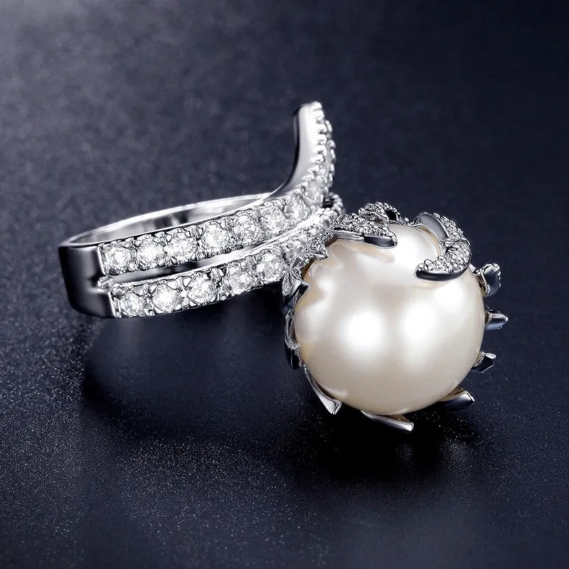 Ultra Big Synthetic Pearl Jewelry Fire Shaped Zirconia Rhodium Plated Micro Paved Rings for Women New Anel Feminino