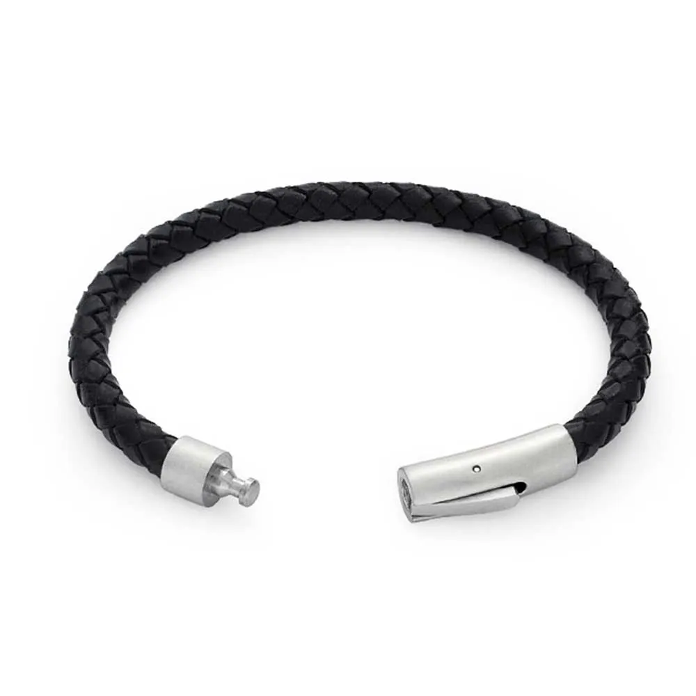 Unisex Black Woven Leather Cuff Bracelet with Stainless Barrel Clasp for Men