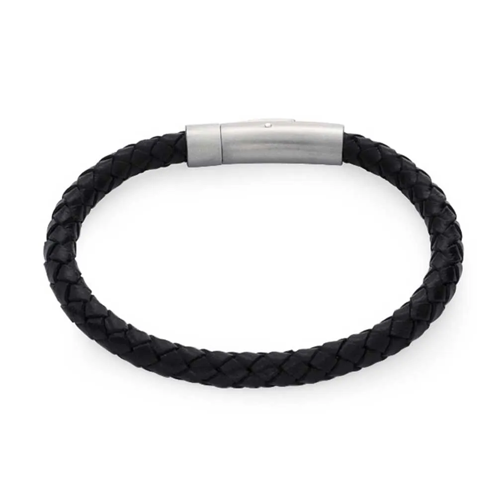 Unisex Black Woven Leather Cuff Bracelet with Stainless Barrel Clasp for Men