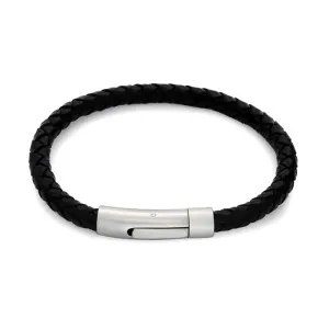 Unisex Black Woven Leather Cuff Bracelet with Stainless Barrel Clasp for Men