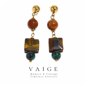 VAIGE Elegant Gold & Black Tiger Beads Dangle Earrings in Stainless Steel