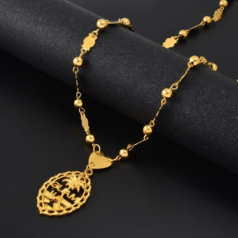 Vintage Guam Pendant With 6mm Ball Beads Necklace-18K Gold Plated