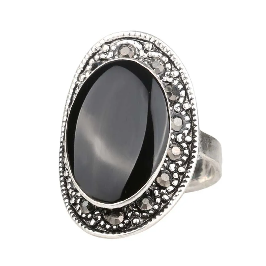 Vintage Jewelry Oval Black And Green Enamel Ring For Women Silver Plated Crystal Gift