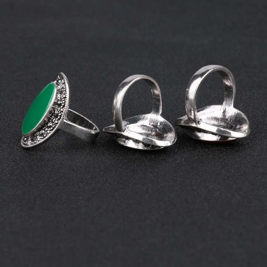 Vintage Jewelry Oval Black And Green Enamel Ring For Women Silver Plated Crystal Gift