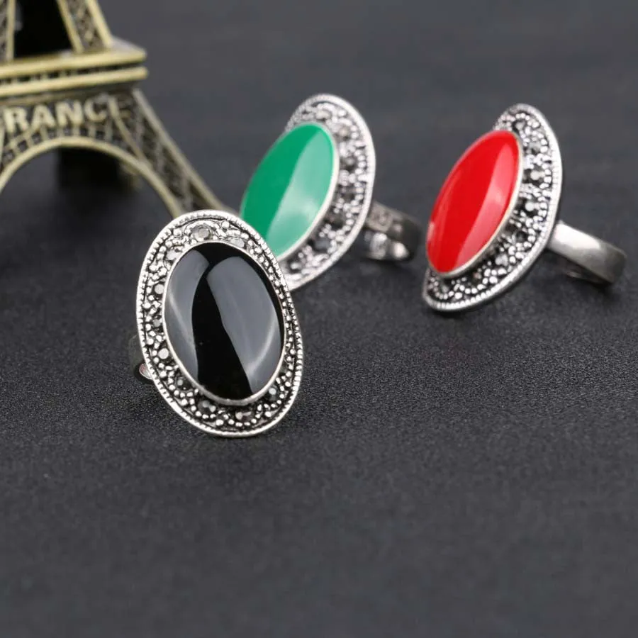 Vintage Jewelry Oval Black And Green Enamel Ring For Women Silver Plated Crystal Gift