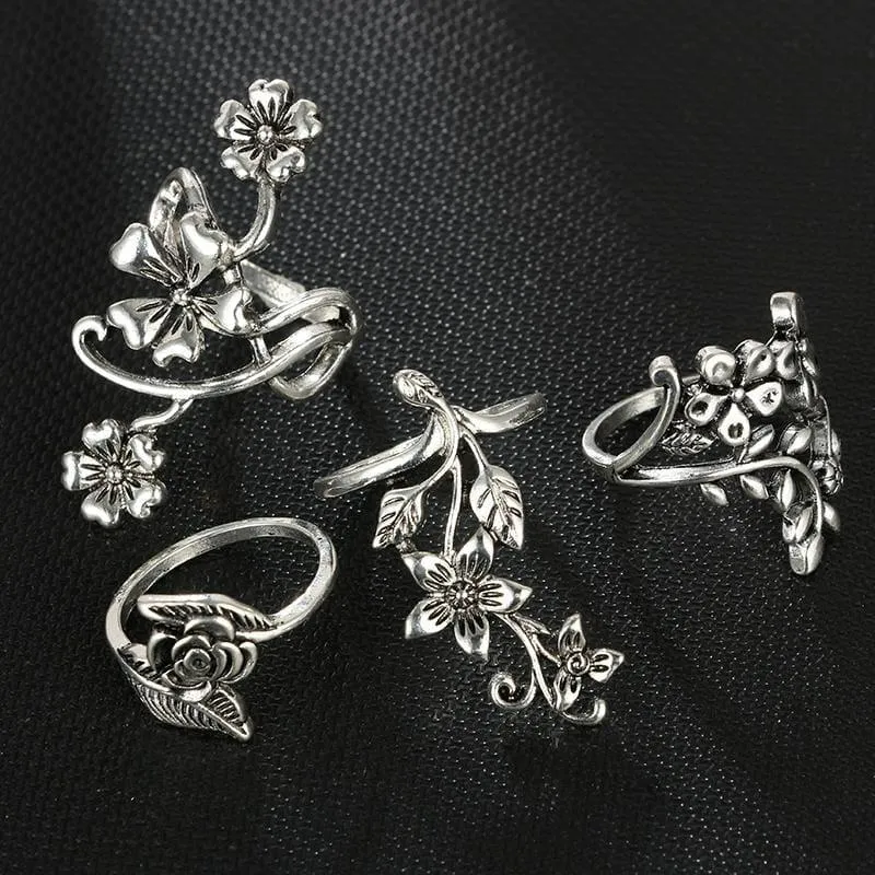 Vintage Rose Flower  Bohemia Antique Silver Ring Set