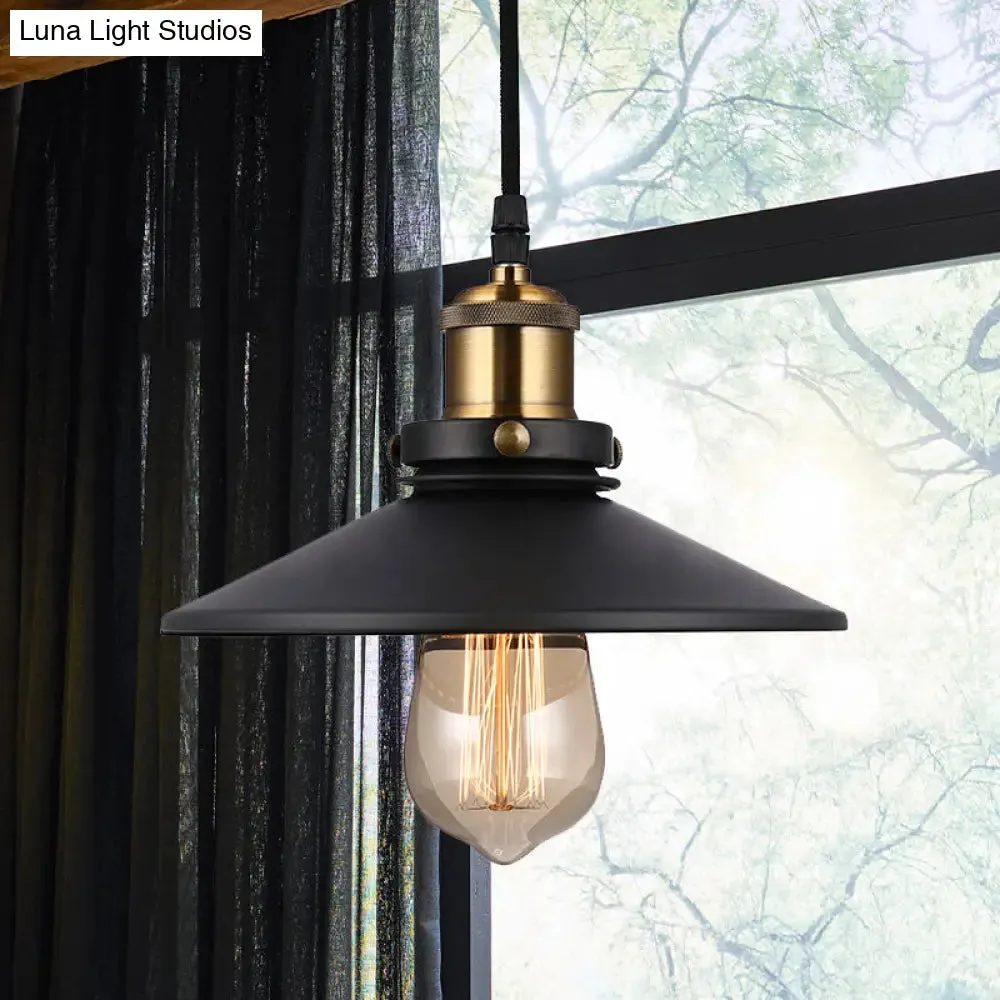 Vintage Style Black Conic Ceiling Light Fixture with Metallic Finish - 1 Bulb Living Room Pendant Light with Pulley