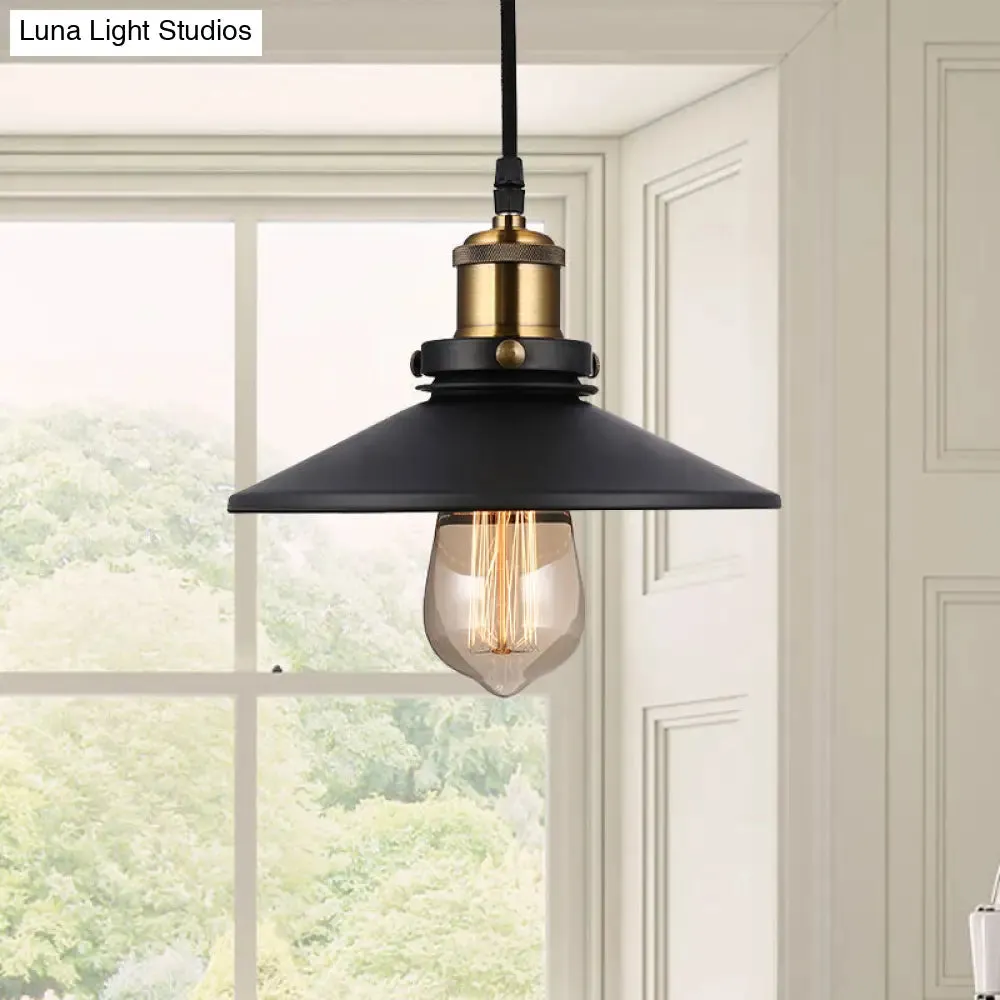 Vintage Style Black Conic Ceiling Light Fixture with Metallic Finish - 1 Bulb Living Room Pendant Light with Pulley