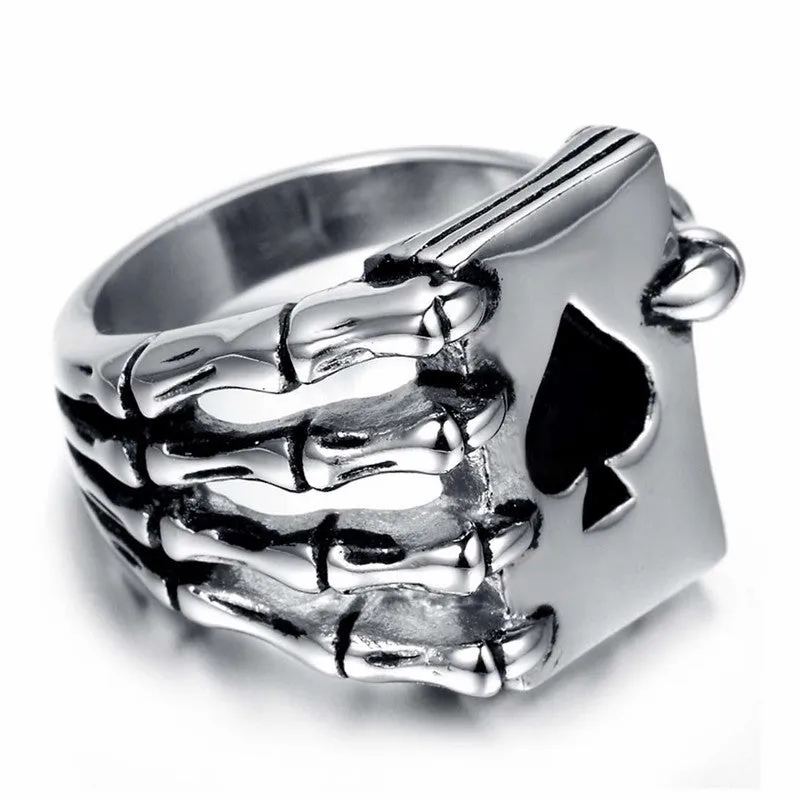 Vintage Style Stainless Steel Men Rings Gothic Skull Hand Claw Poker Playing Card Design Rings