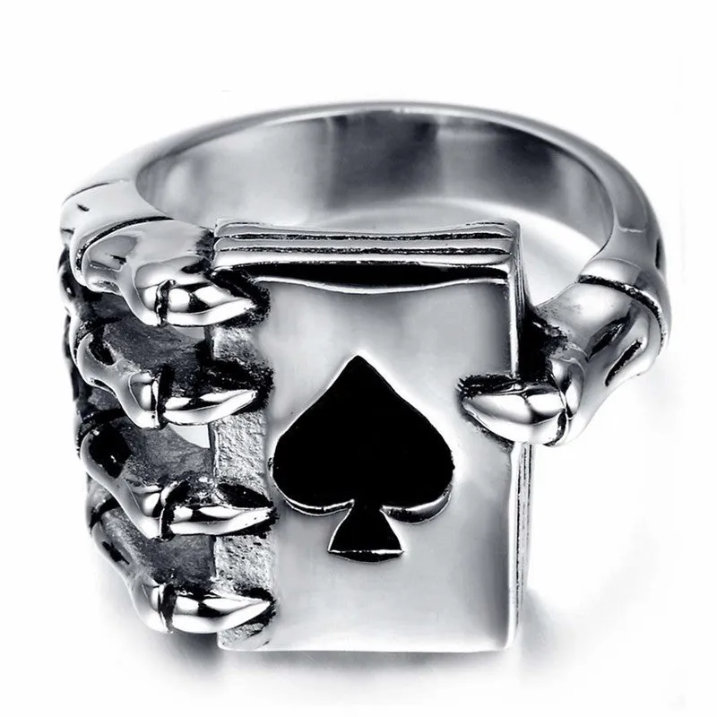 Vintage Style Stainless Steel Men Rings Gothic Skull Hand Claw Poker Playing Card Design Rings