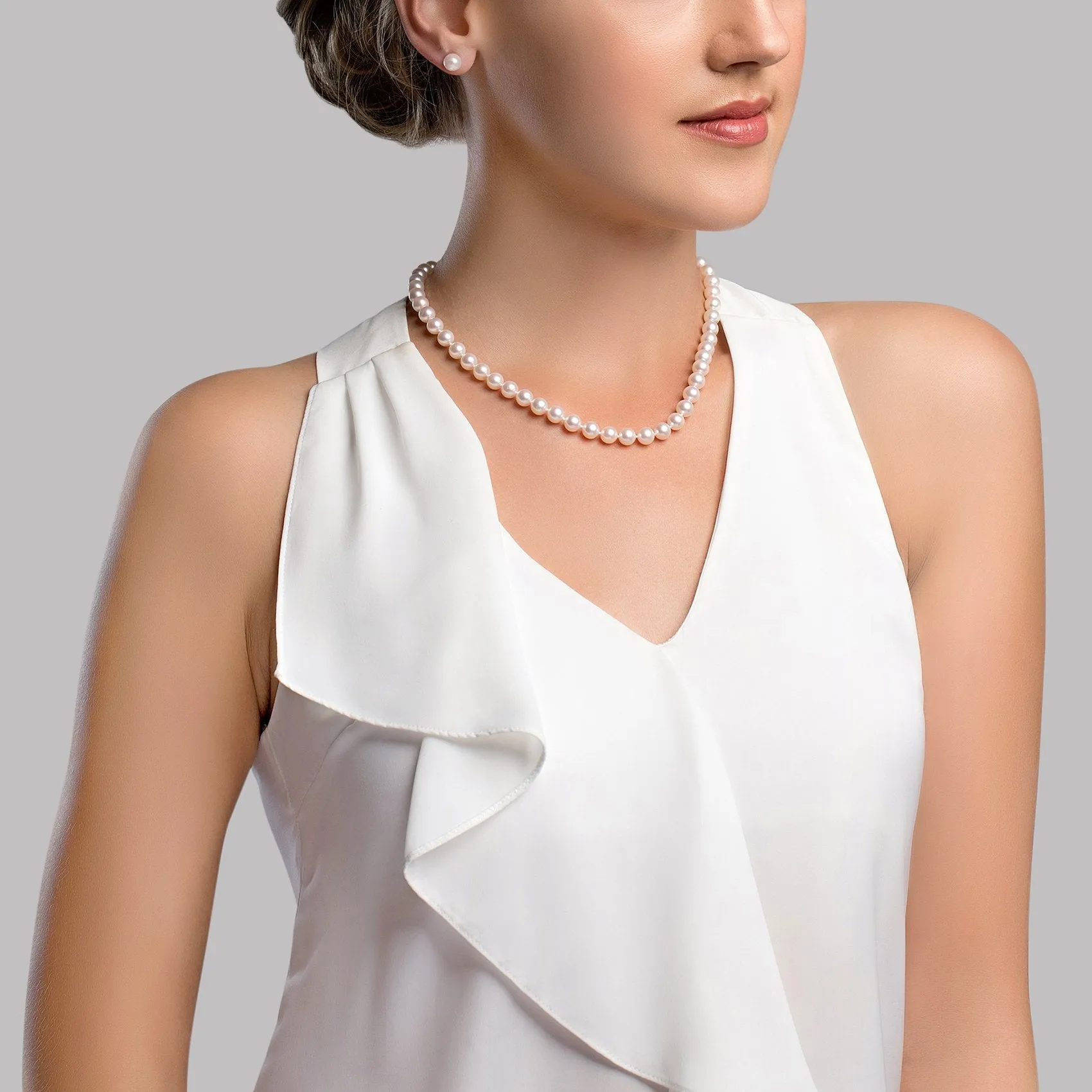 White Japanese Akoya Pearl Necklace, 7.0-7.5mm - AA  Quality