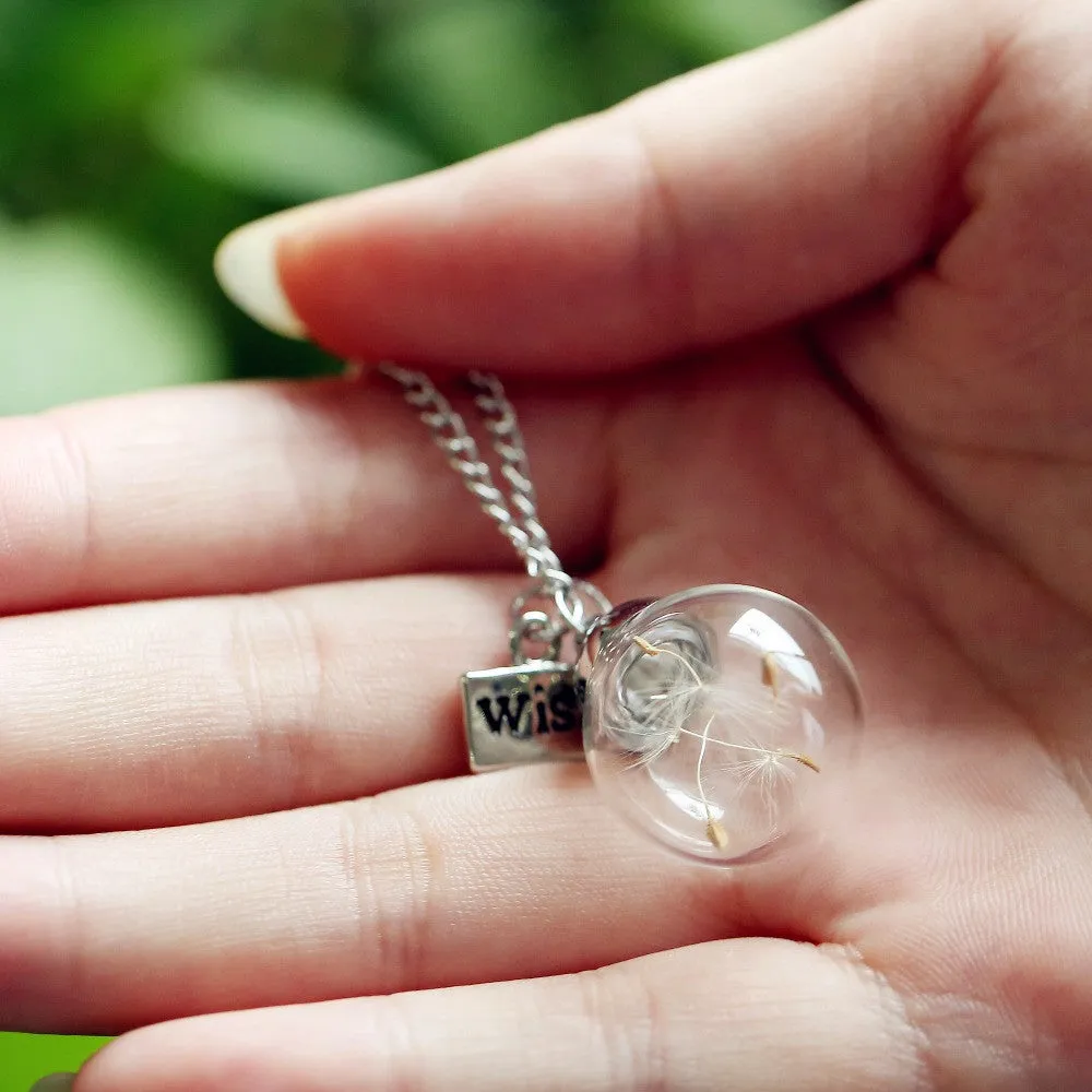 Wish bottle Necklace Real Dandelion Seeds Water Drop Bottle Botanical Pendant Necklace For Women