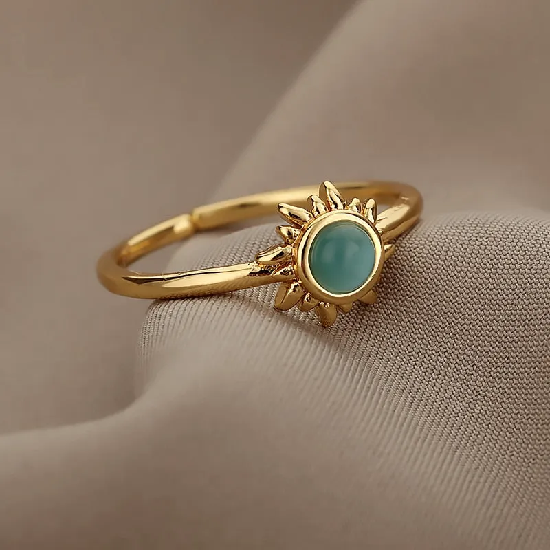 Women Stainless Steel Sun Rings Moonstone Ring