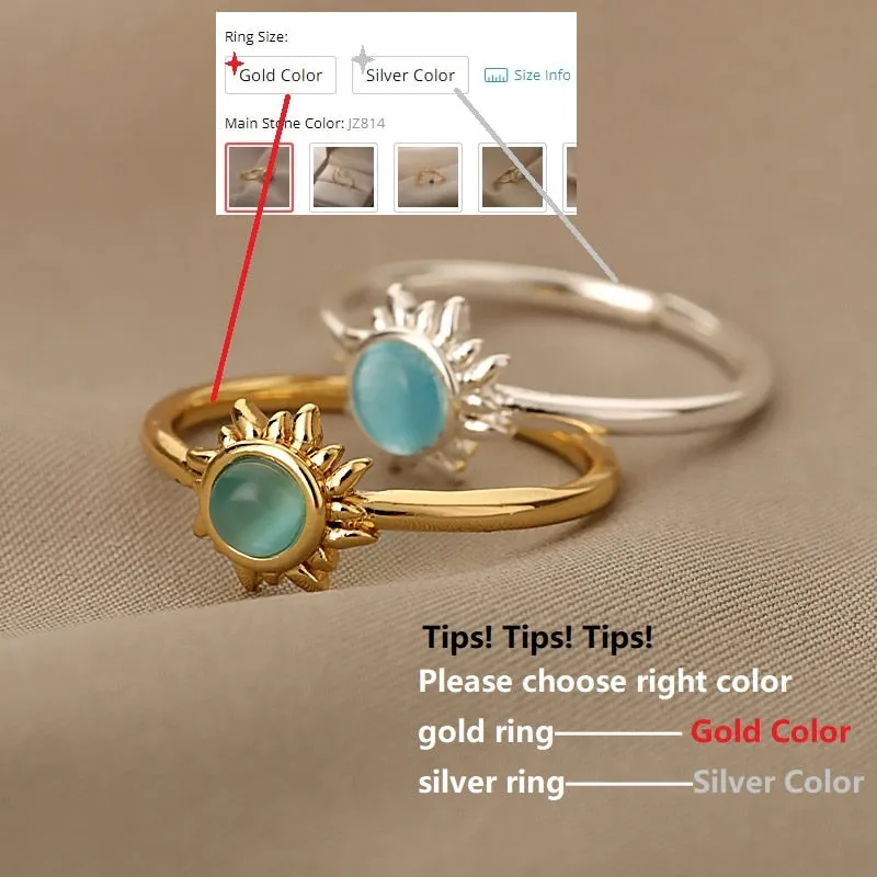 Women Stainless Steel Sun Rings Moonstone Ring