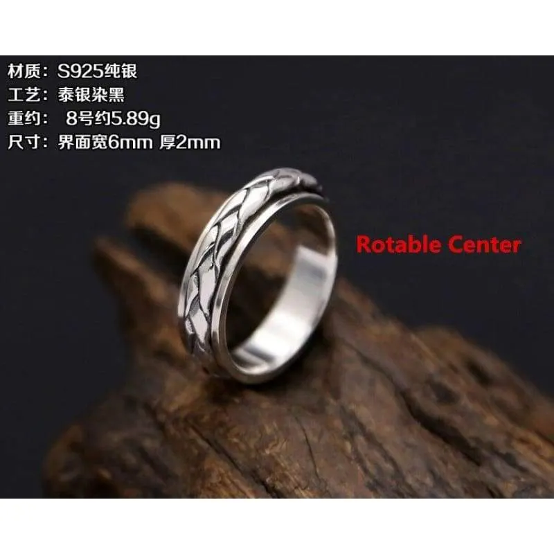 Woven Band Rotating Spinner Ring Men 100% Real Solid 925 Sterling Silver Simple Style Cool Men Silver 925 Jewelry